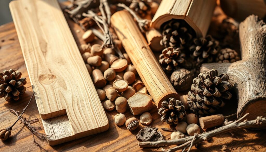 A well-lit, detailed close-up photograph of an assortment of materials suitable for building a squirrel house, including natural wood planks, small logs, pinecones, twigs, and other natural elements. The objects are artfully arranged on a wooden surface, with warm directional lighting that casts soft shadows, highlighting the textures and colors of the materials. The focus is sharp, and the depth of field is shallow, drawing the viewer's attention to the key materials. The overall atmosphere is one of rustic natural beauty, reflecting the DIY outdoor project theme. A well-lit, detailed close-up photograph of an assortment of materials suitable for building a squirrel house, including natural wood planks, small logs, pinecones, twigs, and other natural elements. The objects are artfully arranged on a wooden surface, with warm directional lighting that casts soft shadows, highlighting the textures and colors of the materials. The focus is sharp, and the depth of field is shallow, drawing the viewer's attention to the key materials. The overall atmosphere is one of rustic natural beauty, reflecting the DIY outdoor project theme.